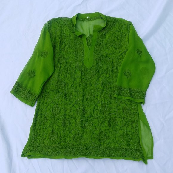 Medium Women's Embroidery Top Green Sheer - Picture 1 of 6